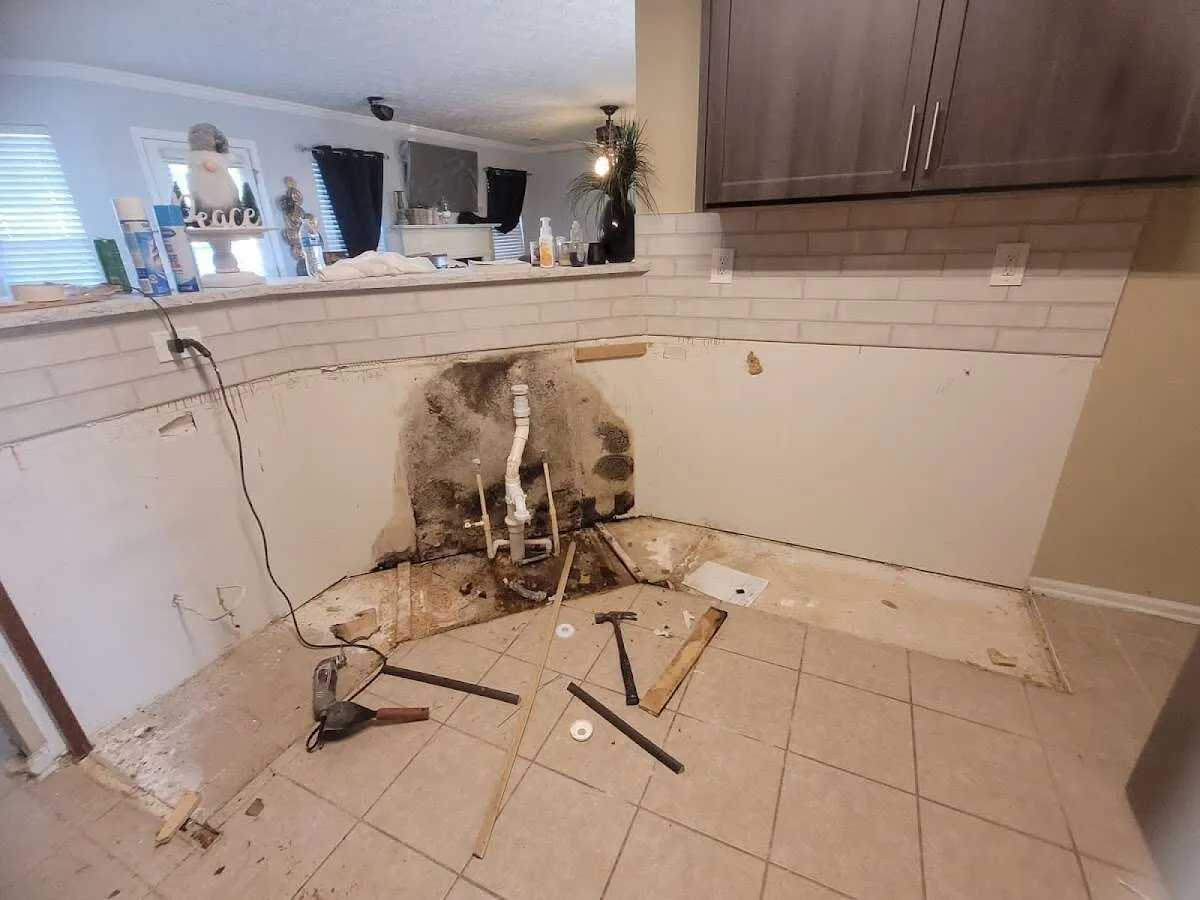 Mold behind wall with plumbing during Flood Damage Cleanup in Laketon